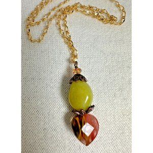 Hand Crafted Boho Glass & Stone Pendant Gold Tone Necklace - Red & Yellow - 24"